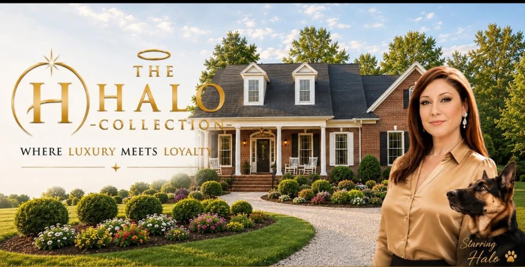 The Halo Collection — Yvette Timberlake with Halo in front of a luxury Virginia brick home